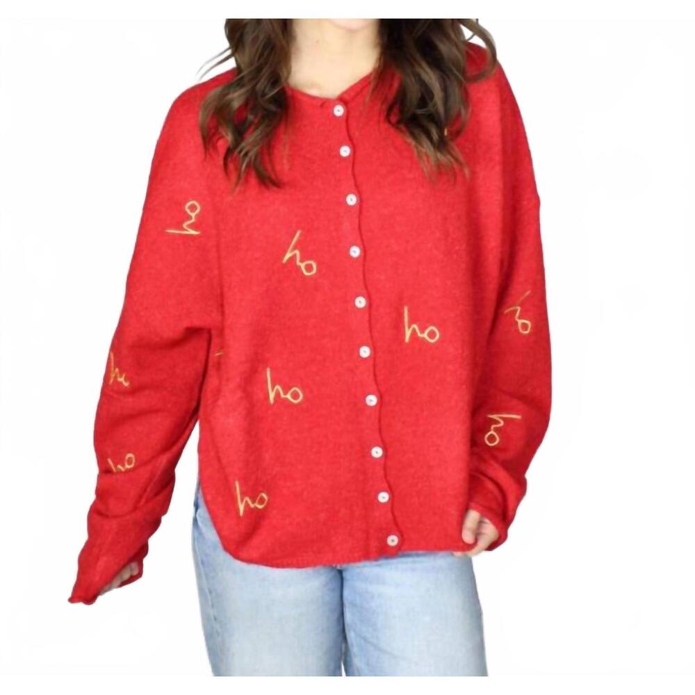 NEW THINGS BETWEEN ho ho ho embroidered cardigan in red/gold